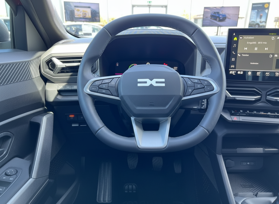 Dacia Innenraum mit Lenkrad, digitalem Cockpit und Infotainment-Display