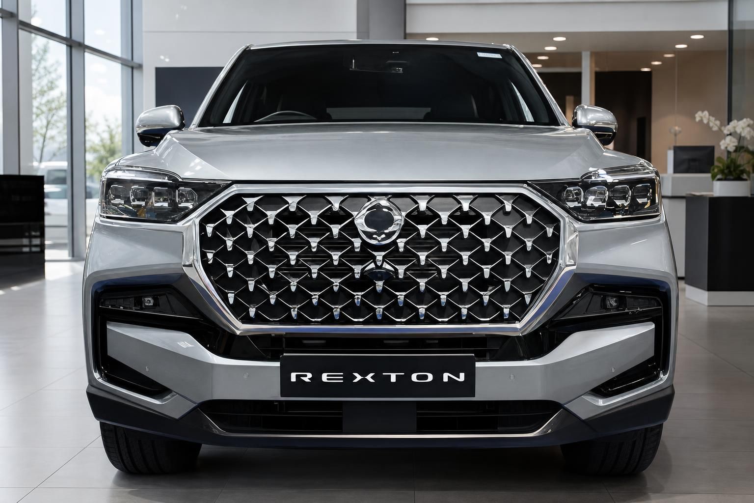 SsangYong Rexton SUV silber Frontansicht mit Kühlergrill im Autohaus
