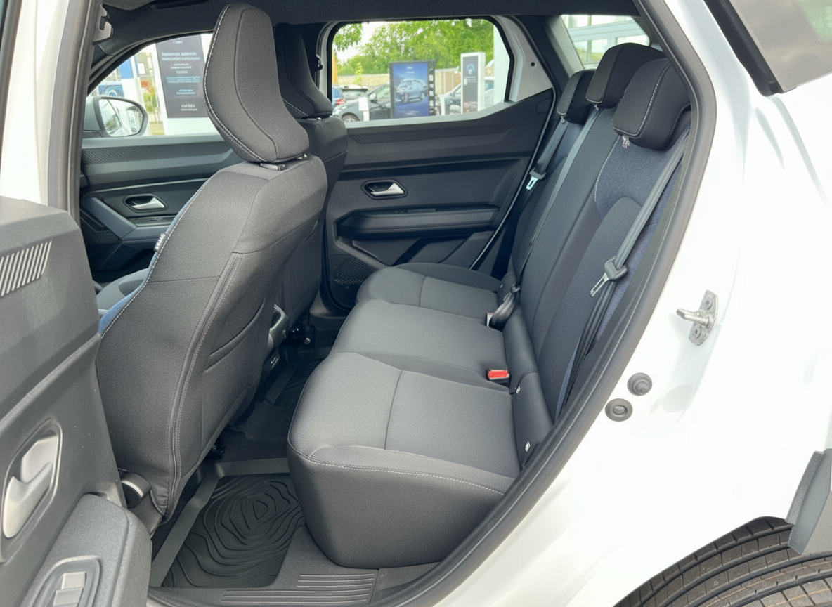 Innenraum Rücksitzbank eines weißen SUV mit schwarzen Stoffsitzen und Sicherheitsgurten