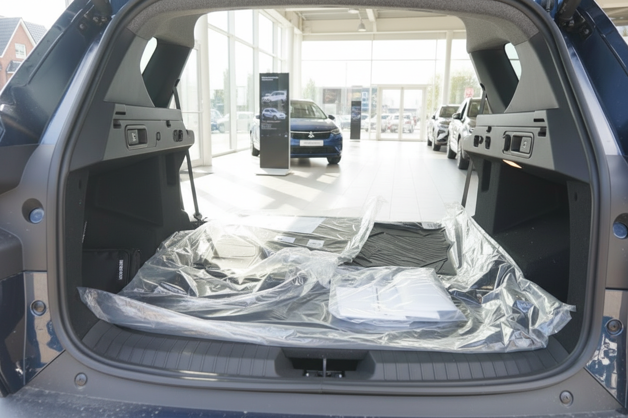 Kofferraum eines Mitsubishi SUV im Autohaus mit Schutzfolie und Zubehör