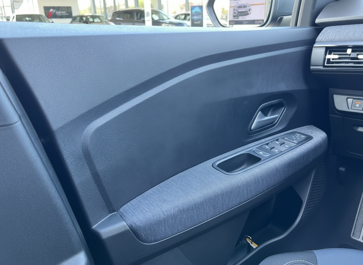 Fahrzeugtür Innenraum mit Fensterheber-Schaltern und Türverkleidung in Grau