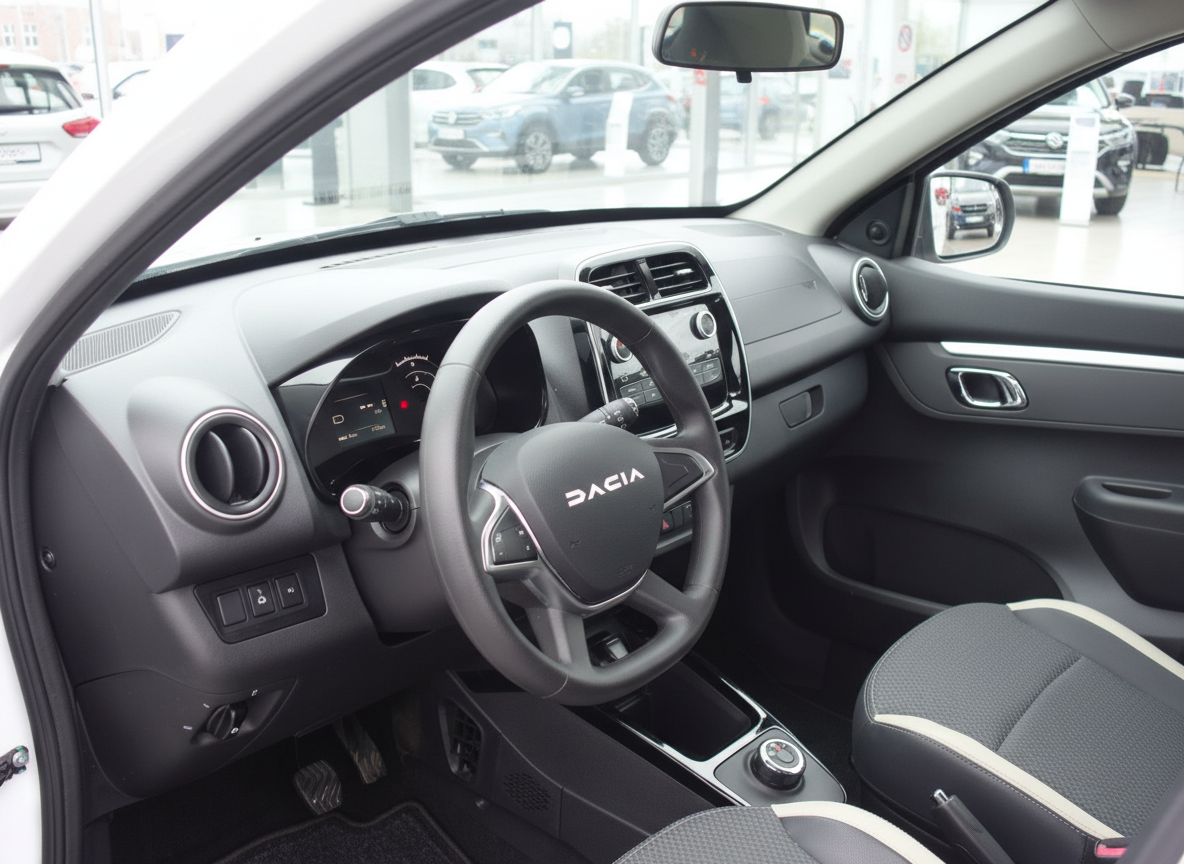 Dacia Innenraum mit schwarzem Lenkrad, grauem Armaturenbrett und Infotainmentsystem