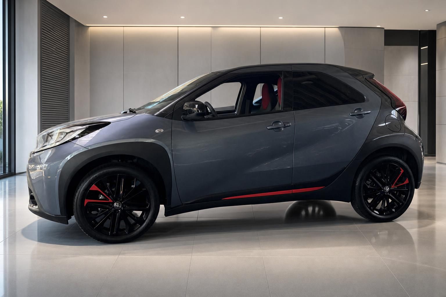 Toyota Aygo X in Anthrazit, Seitenansicht in modernem Showroom