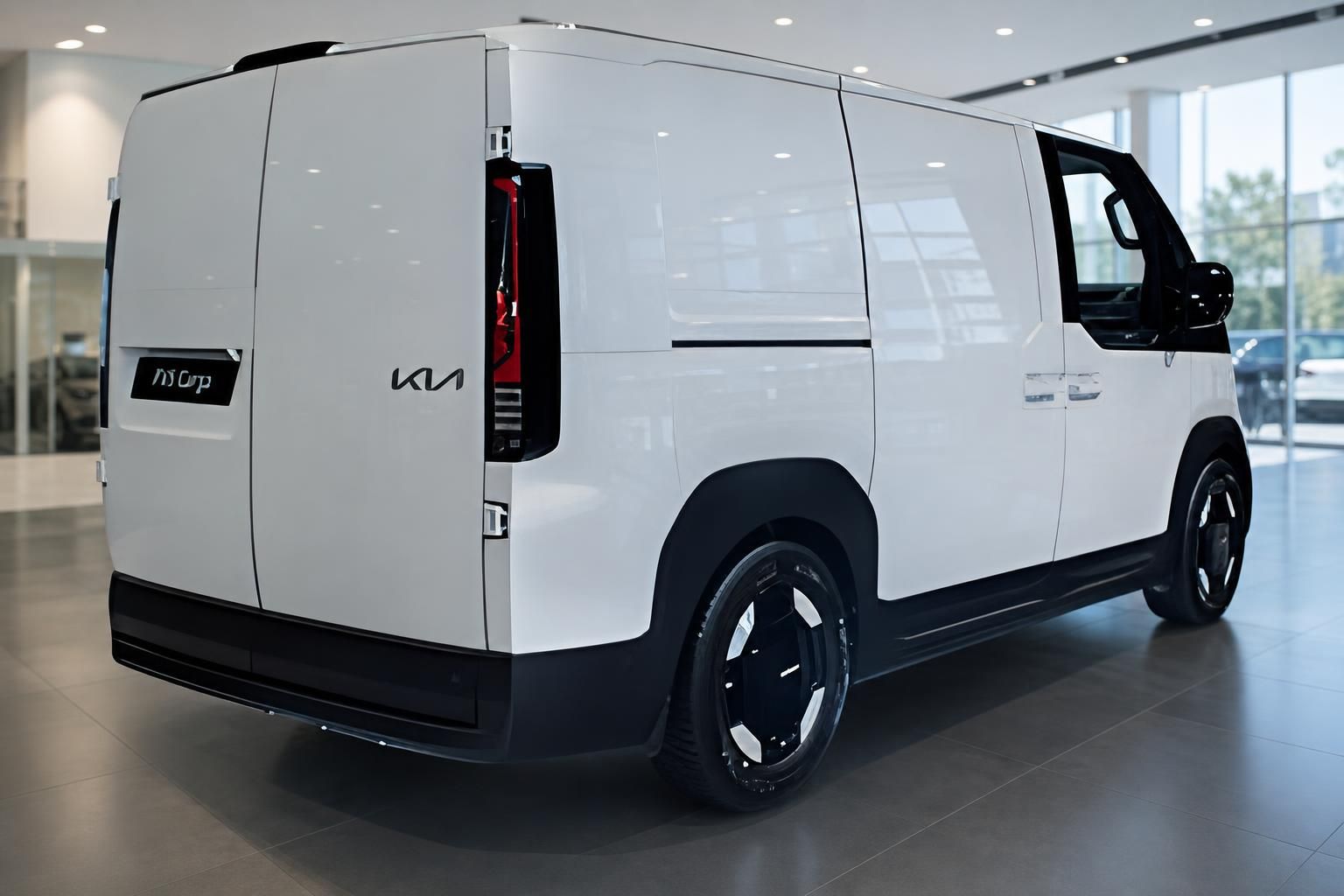 Kia PV5 Cargo weiß, Heckansicht im Autohaus