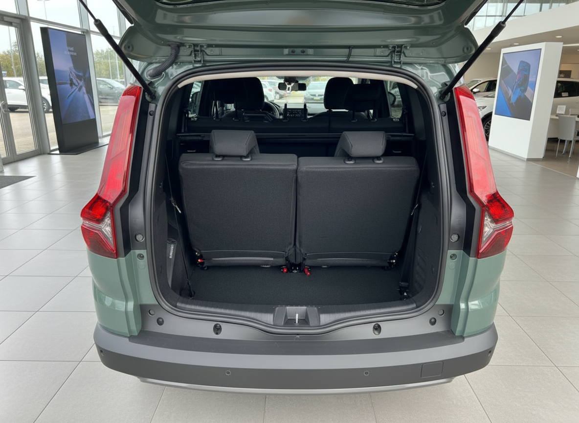 Dacia Jogger Kofferraum offen mit umklappbarer Rücksitzbank im Autohaus