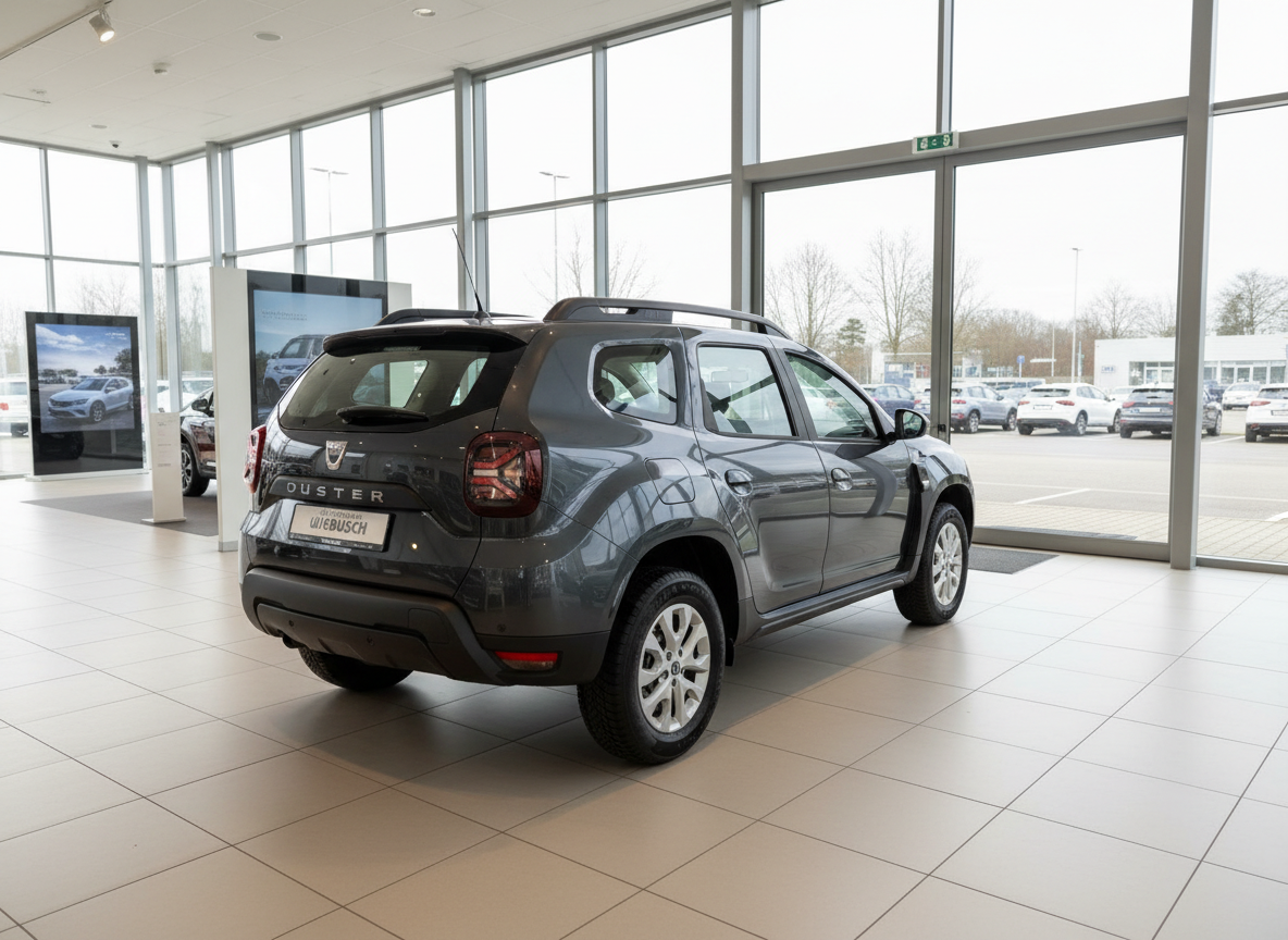 Dacia Duster SUV in Grau – Heckansicht im Autohaus Showroom
