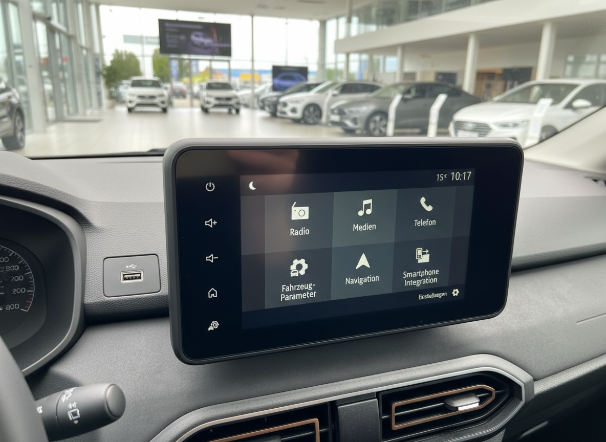 Infotainment-Touchscreen im Fahrzeug-Innenraum mit Navigation, Radio und Smartphone Integration