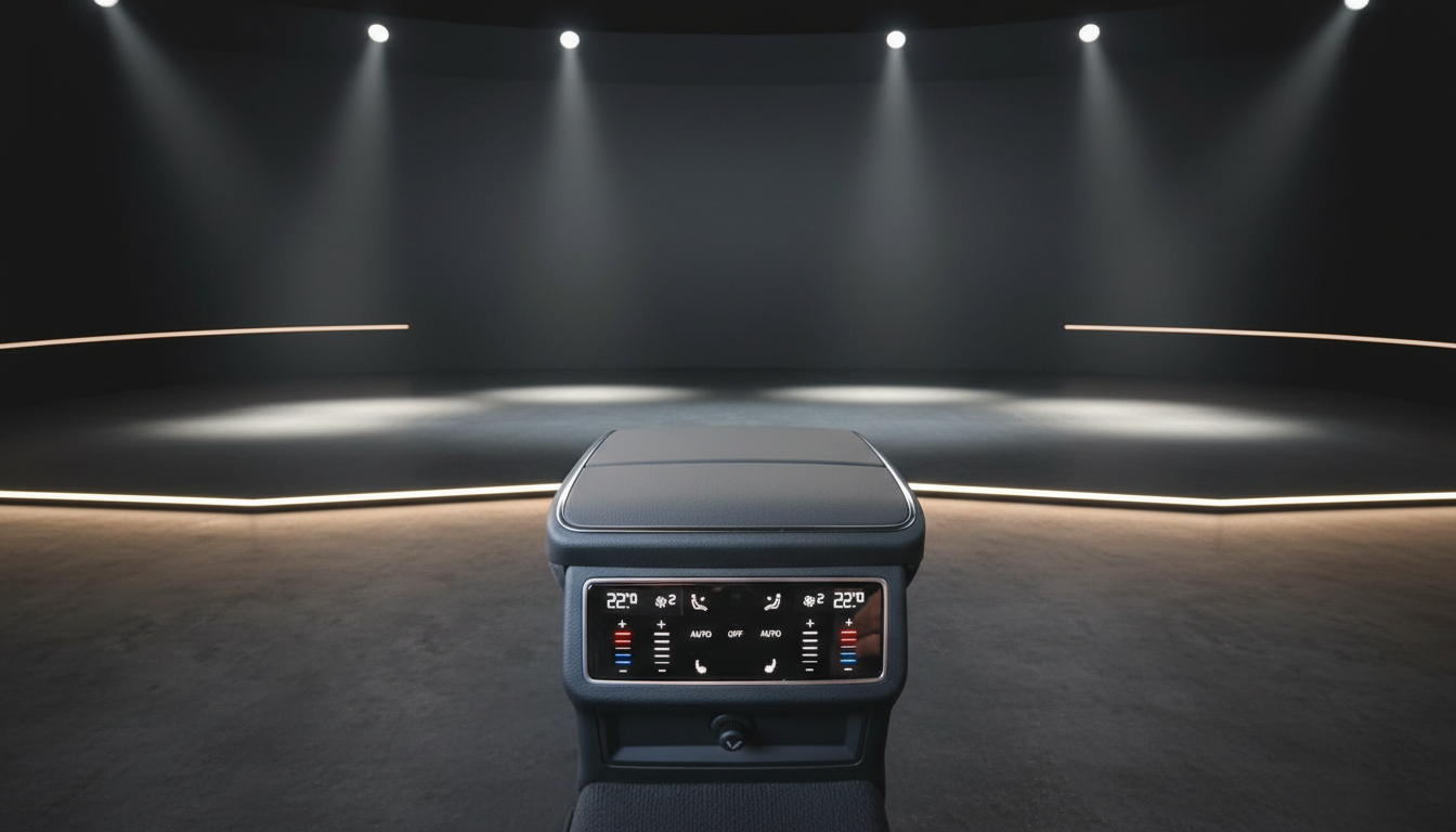 Fahrzeug Mittelkonsole mit Klimaanlage-Bedienfeld und Armauflage in dunklem Innenraum