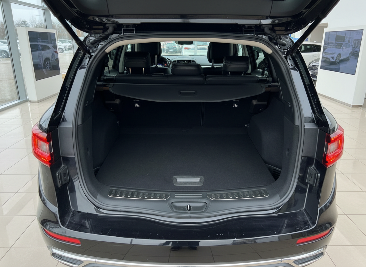 Schwarzer SUV Kofferraum offen im Autohaus – geräumiger Laderaum mit Abdeckrollo