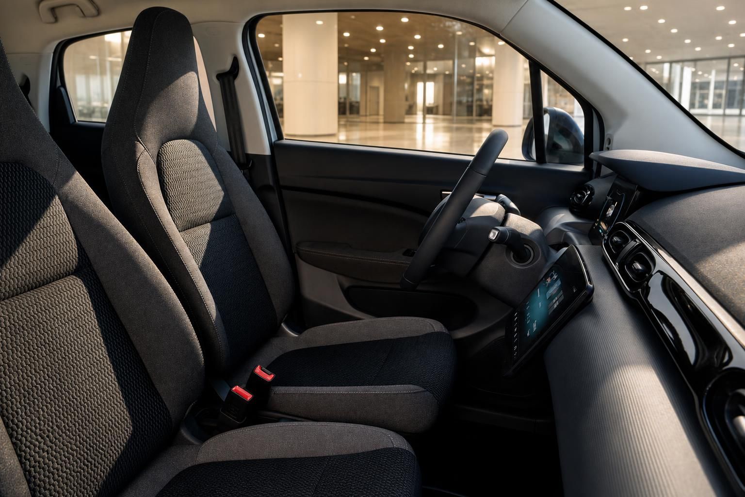 Innenraum Kleinwagen mit Sportsitzen und digitalem Cockpit-Display