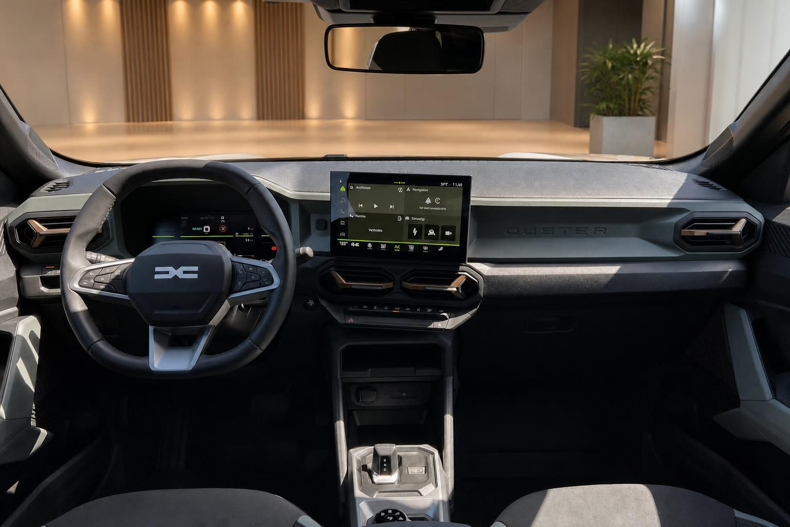 Dacia Fahrzeug Innenraum - Dashboard mit grossem Display und Lenkrad Detailaufnahme