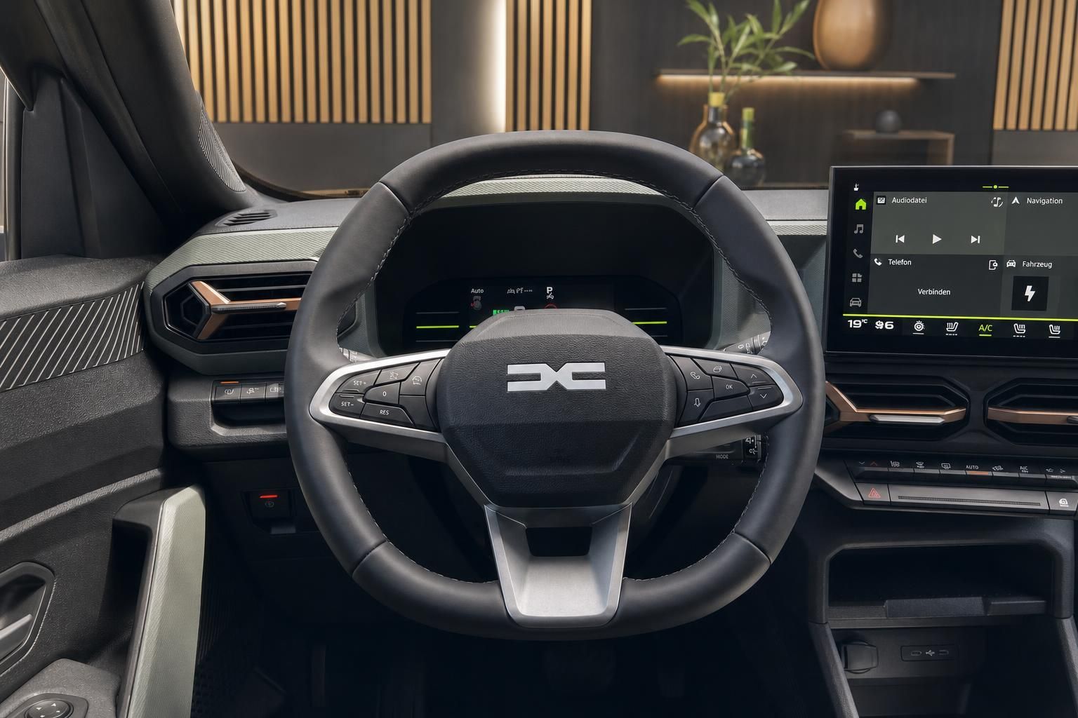 Fahrzeug Innenraum mit Lenkrad, digitalem Kombiinstrument und Infotainment-Display