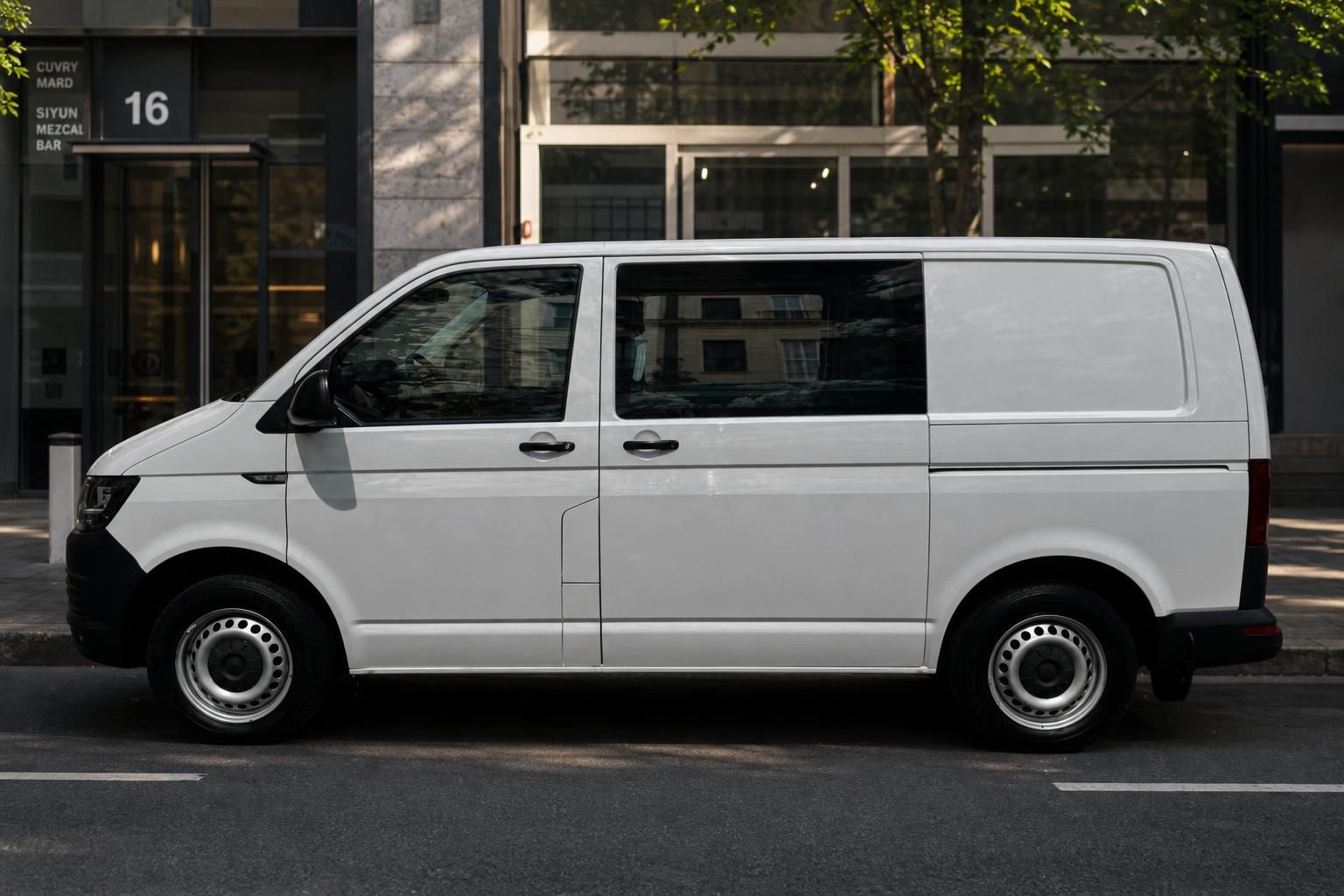 Volkswagen Transporter T6 weiss Seitenansicht rechts Kastenwagen mit Doppelkabine und Laderaum