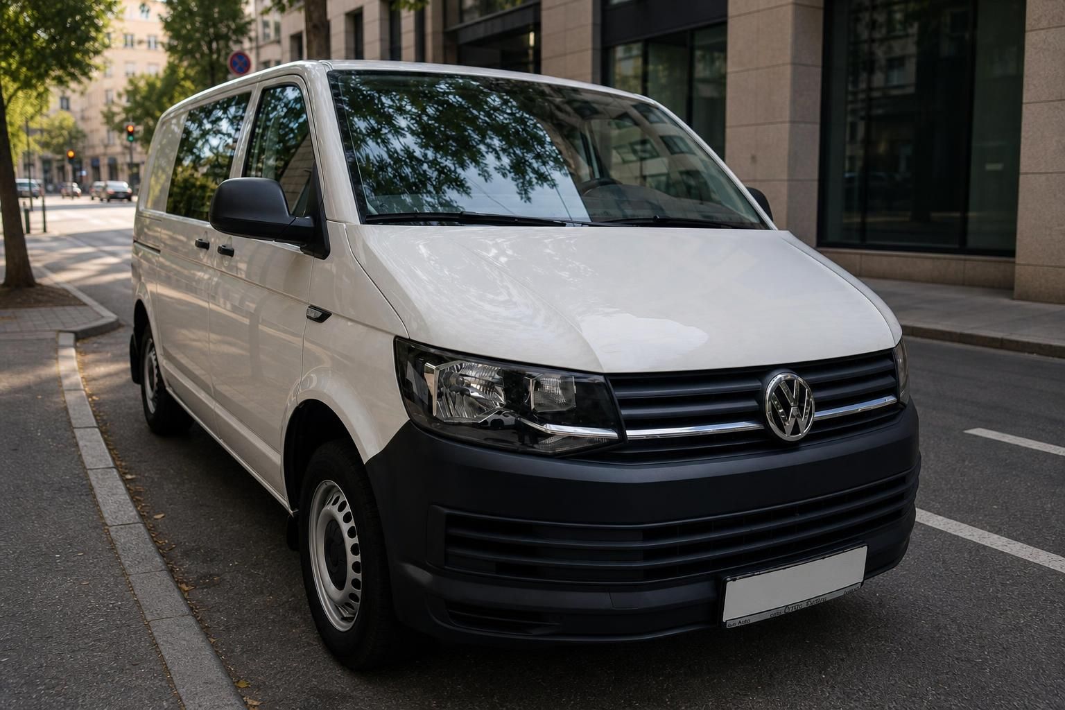 Volkswagen Transporter T6 weiss Schraegansicht vorne rechts mit VW Logo und Halogenscheinwerfern
