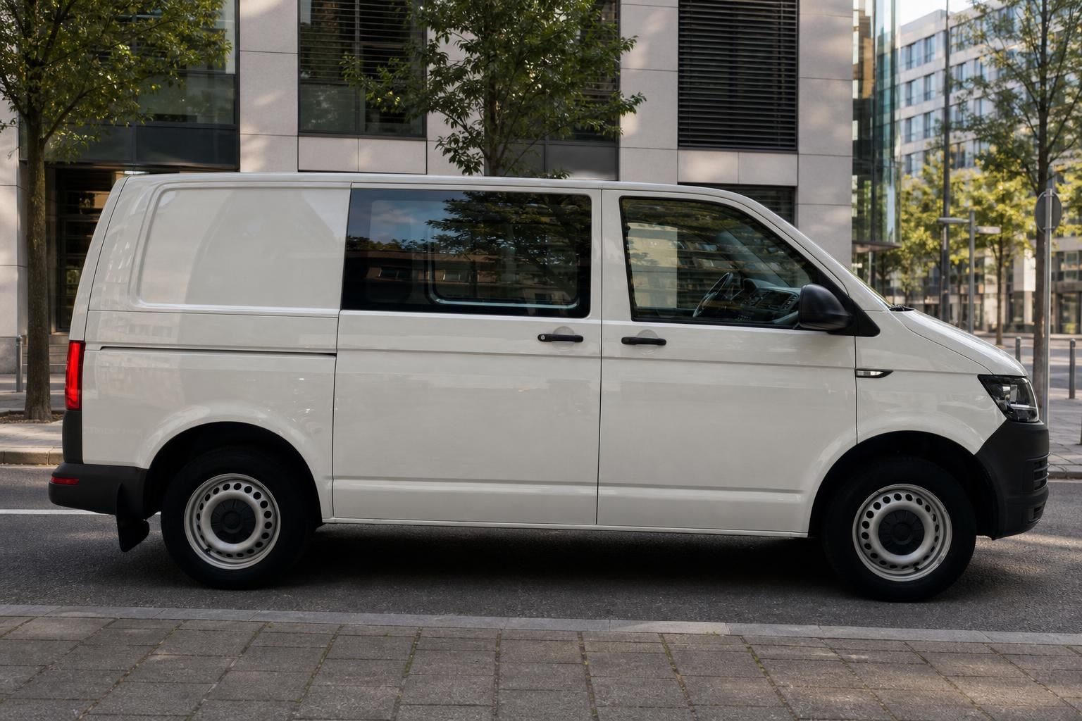 Volkswagen Transporter T6 weiss Seitenansicht links mit Stahlfelgen und dunklen Scheiben