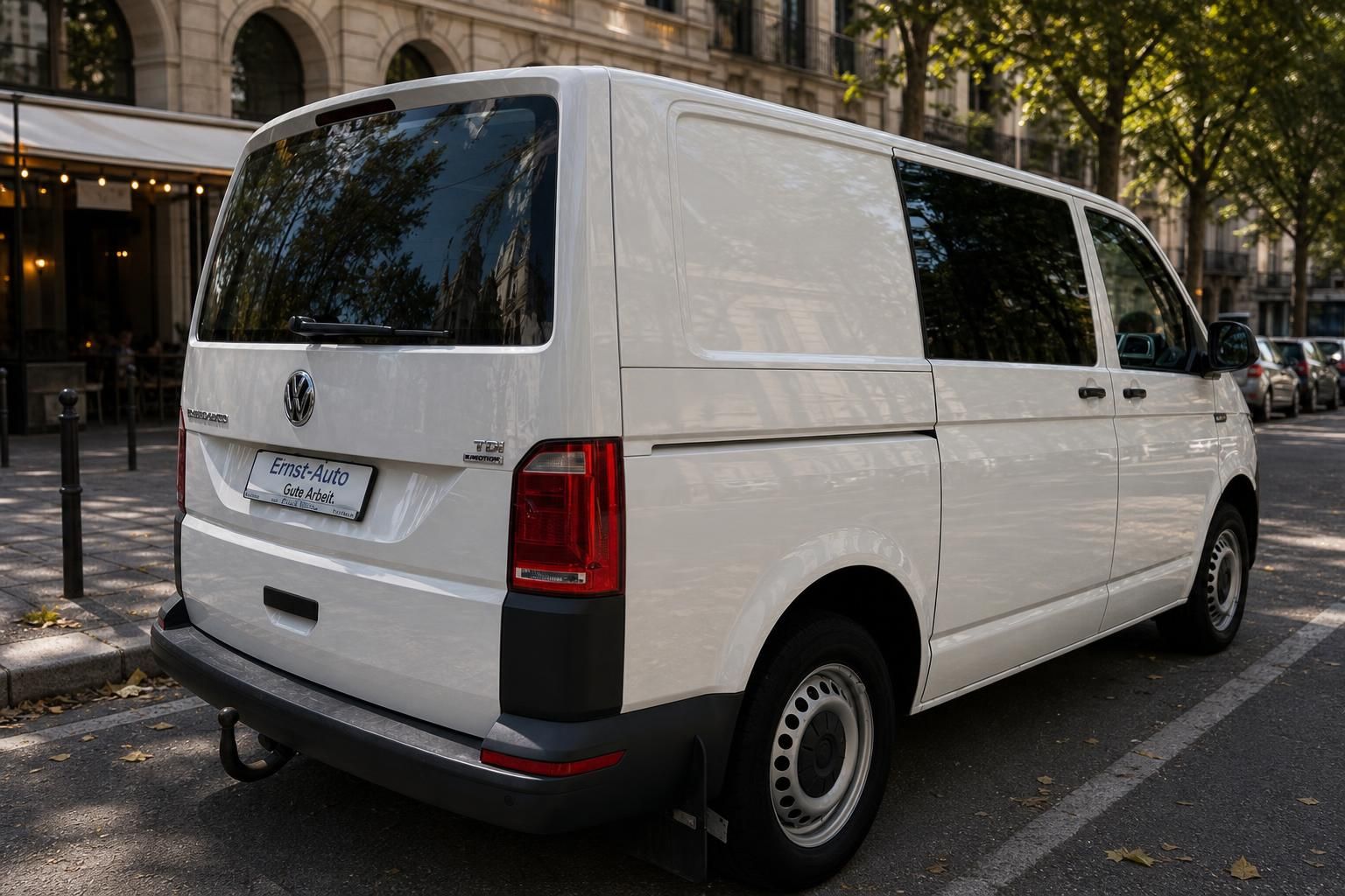 Volkswagen Transporter T6 weiss Heckansicht mit Ruecklichtern und Haendlerkennzeichen