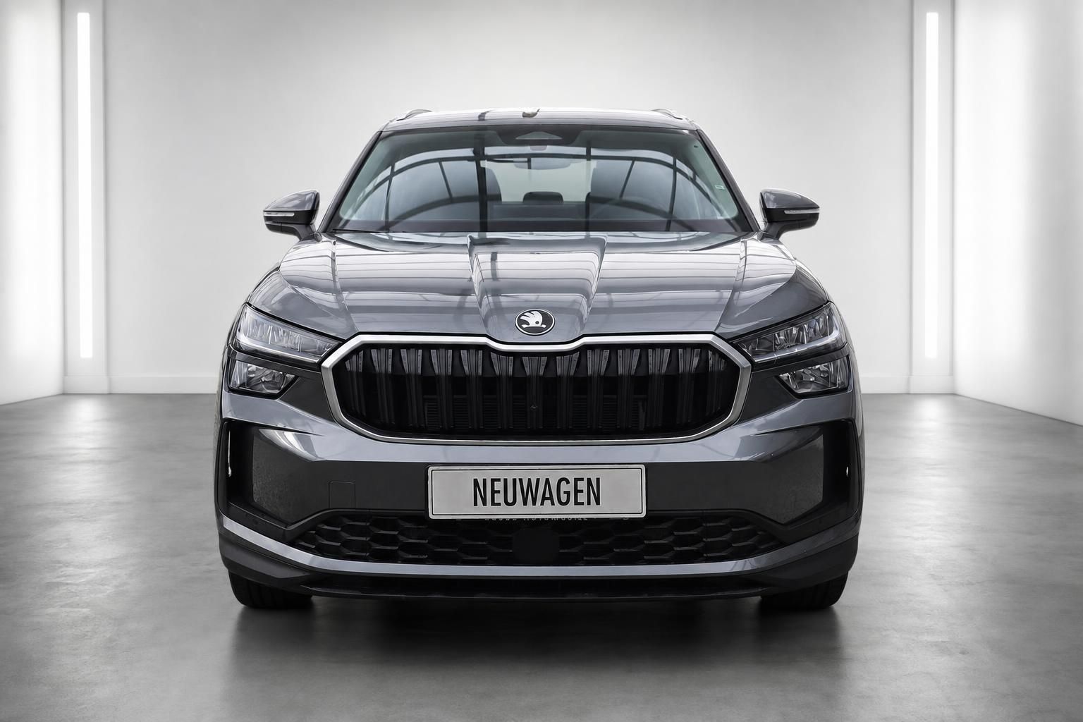 Skoda SUV in Grau, Frontansicht mit Kühlergrill im Studio