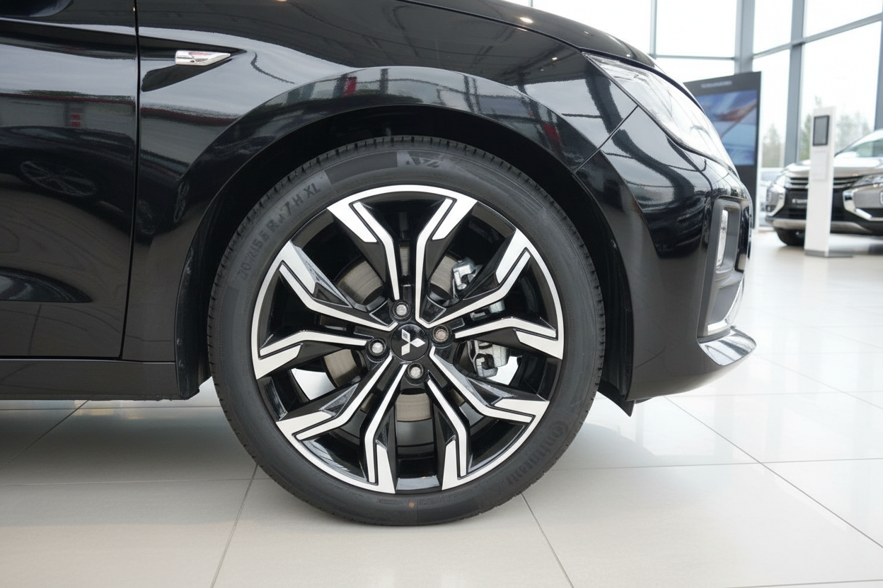 Mitsubishi schwarzes Fahrzeug mit glänzendem 5-Speichen-Alufelge im Autohaus