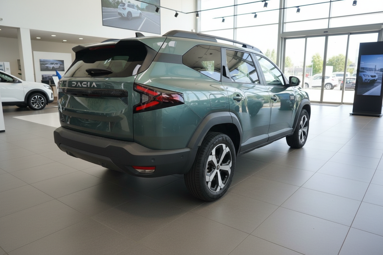 Dacia Duster SUV in Grün – Heckansicht im Autohaus-Showroom