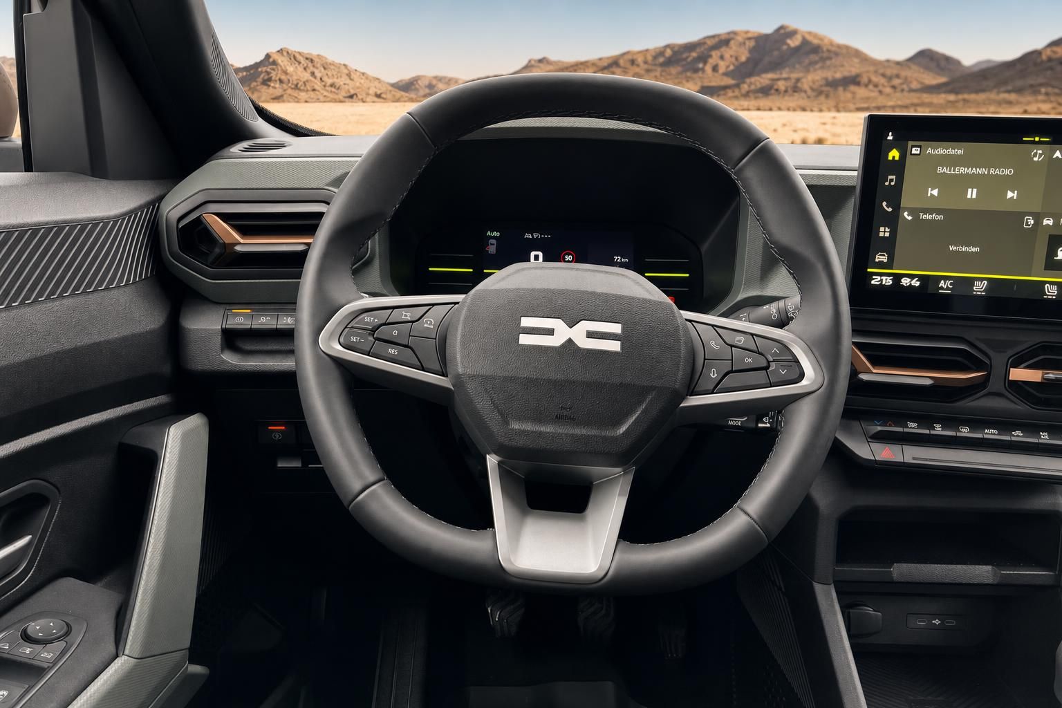 Fahrzeug-Innenraum mit modernem Lenkrad, Digitalcockpit und Touchscreen-Infotainment