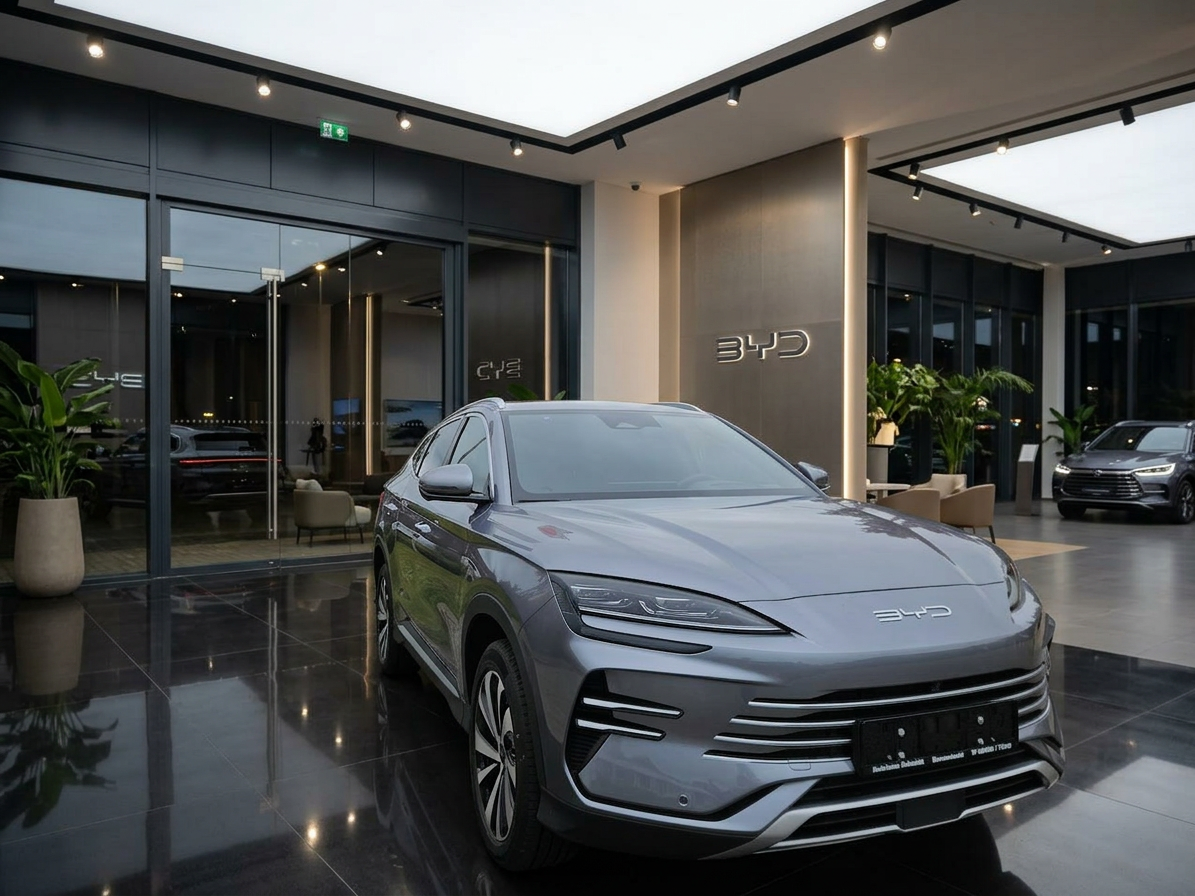 Grauer BYD SUV Neuwagen in modernem Industriegebäude – Seitenansicht