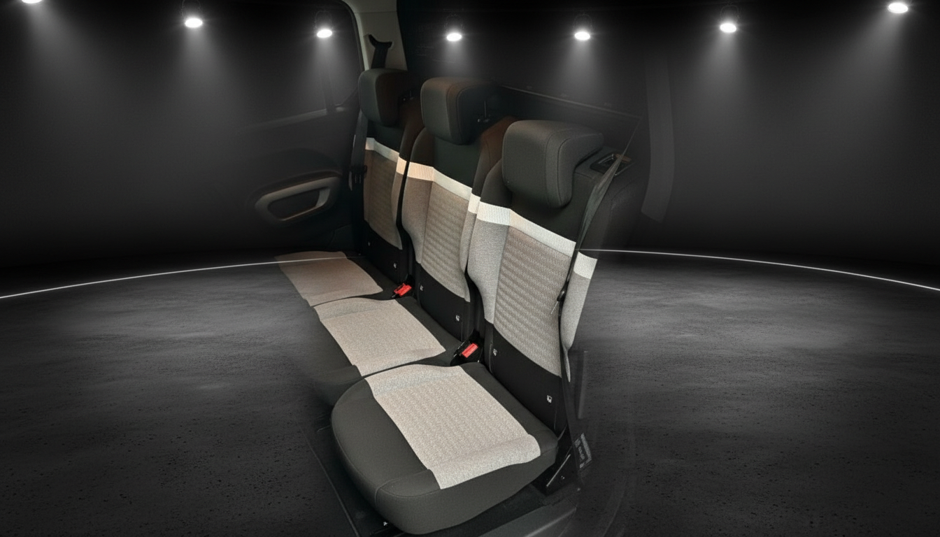 Fahrzeug Innenraum Rücksitzbank mit grau-beigem Stoff und roten Sicherheitsgurten