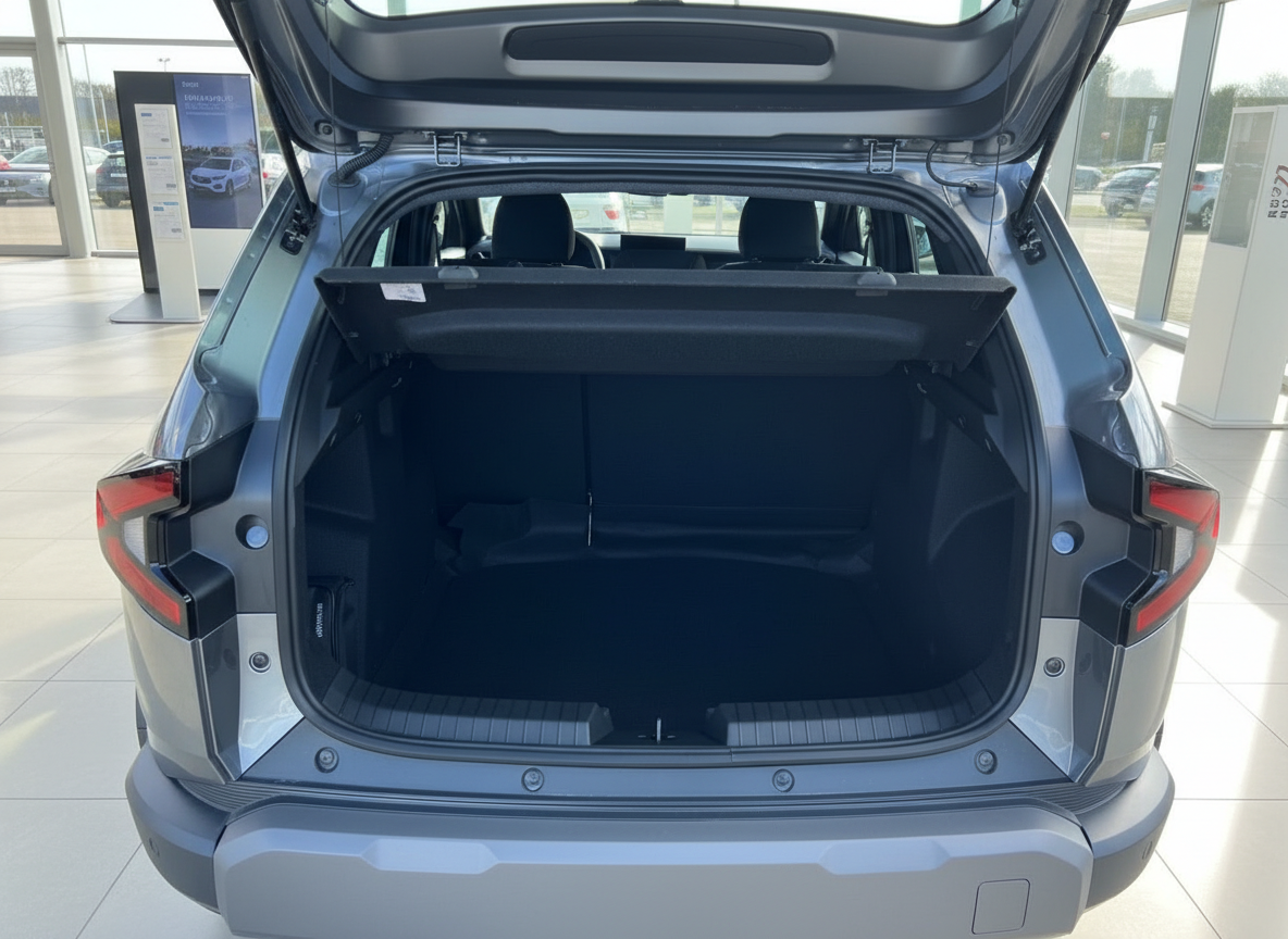 Grauer SUV Kofferraum geöffnet im Autohaus – geräumiger Laderaum mit schwarzer Verkleidung