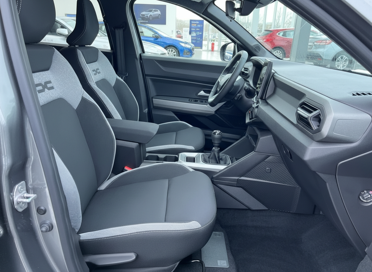 Dacia Innenraum Vordersitze mit Schaltgetriebe und sportlichen Sitzen in Grau
