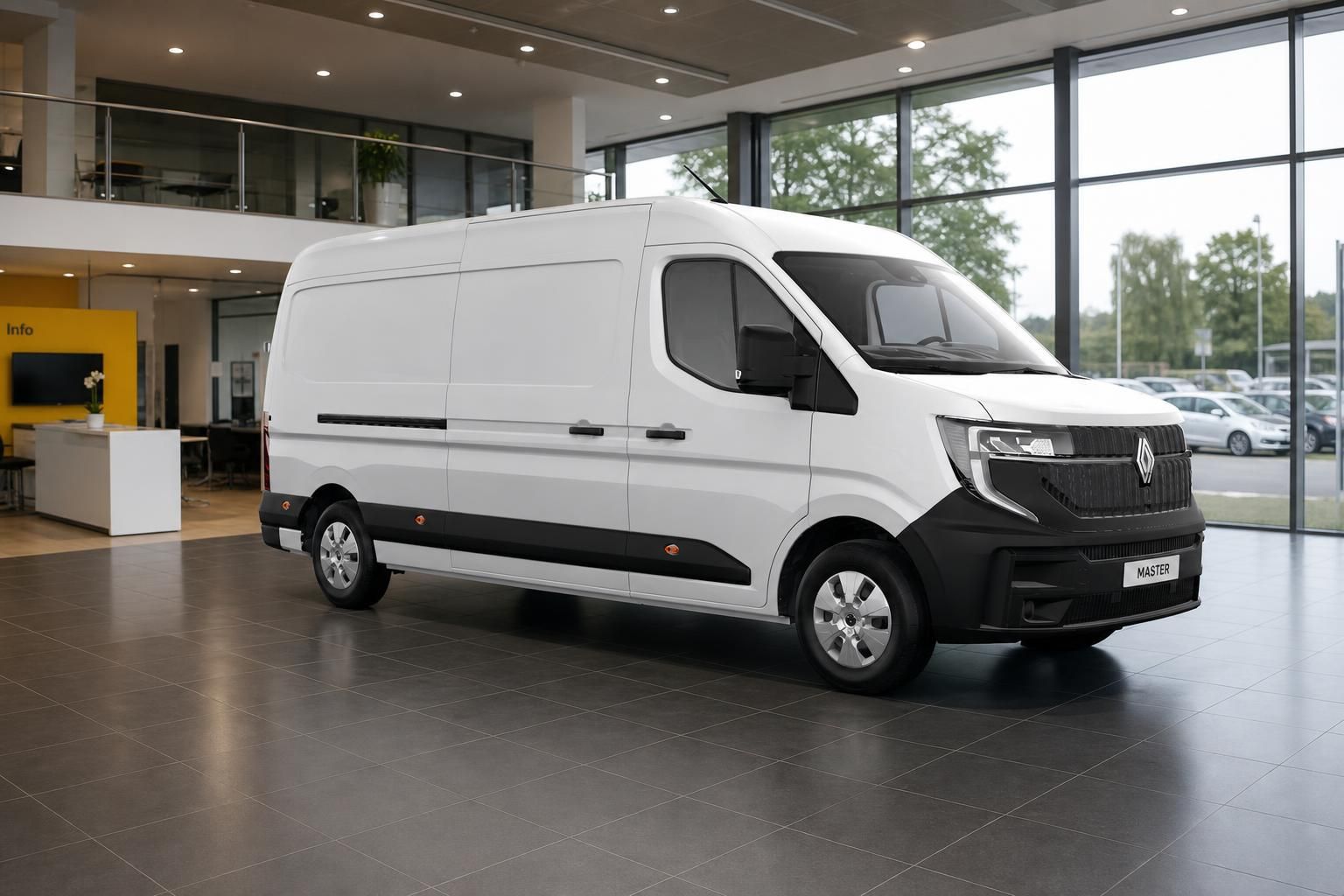 Renault Master weiß, Frontansicht schräg im Autohaus