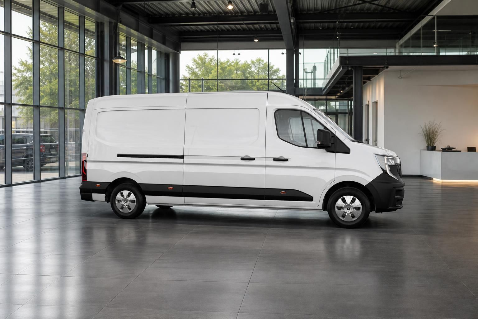 Renault Master Transporter weiß in Seitenansicht im Autohaus