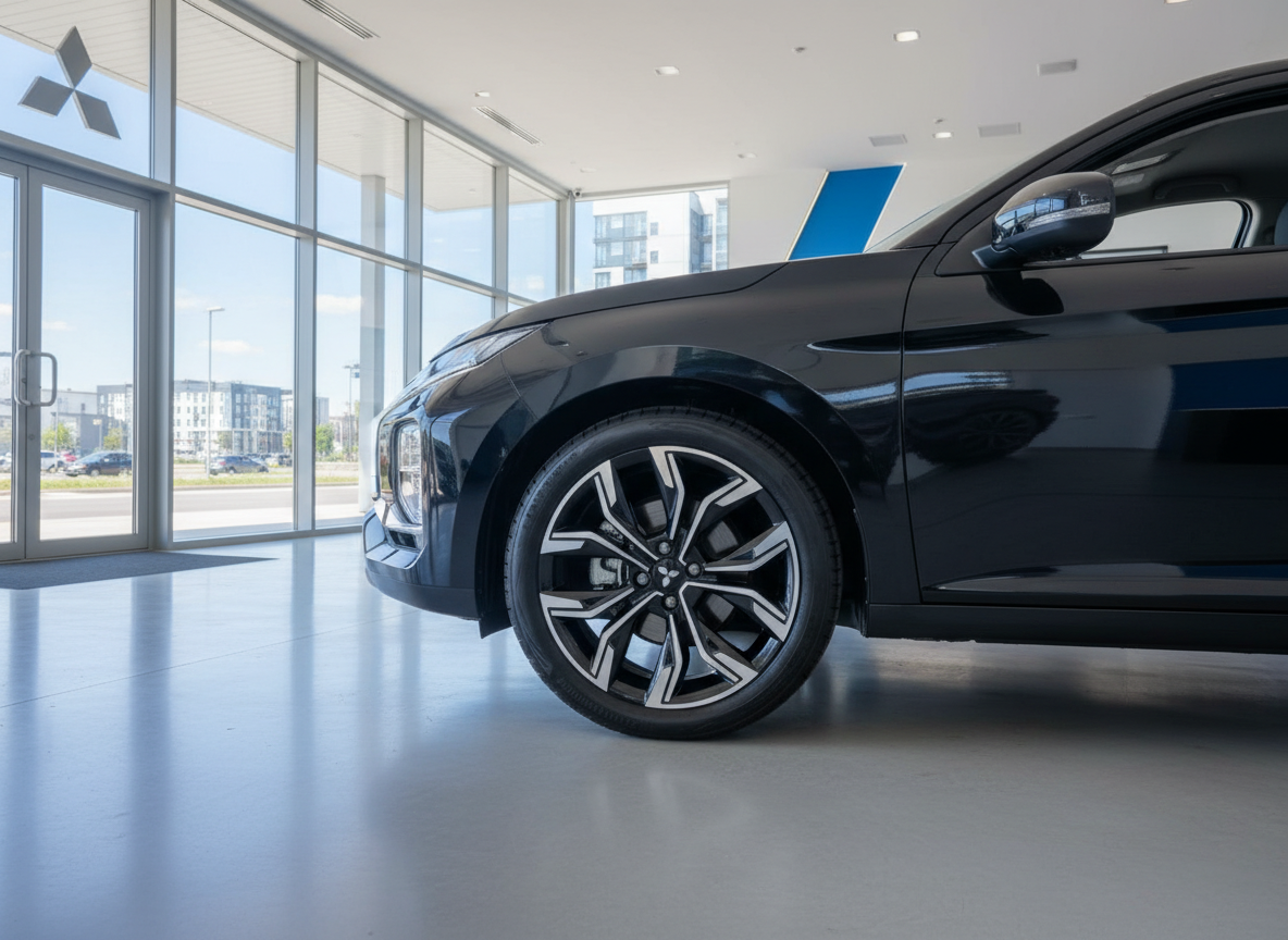 Schwarzer Mitsubishi SUV im Autohaus – Detailansicht Vorderrad mit Alufelge