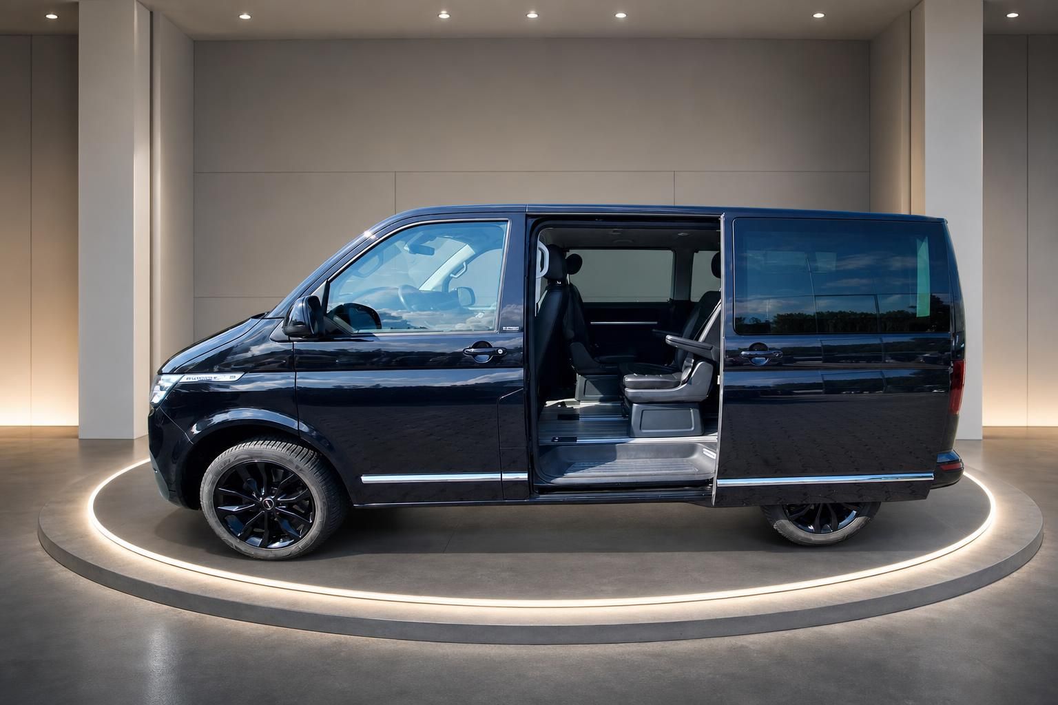 VW Bus Multivan dunkelblau mit geoeffneter Schiebetuer im Showroom