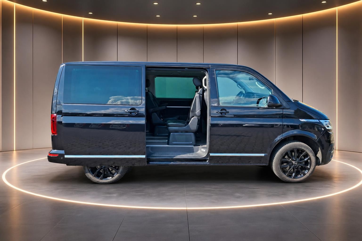 VW Multivan dunkelblau Seitenansicht mit geöffneter Schiebetür