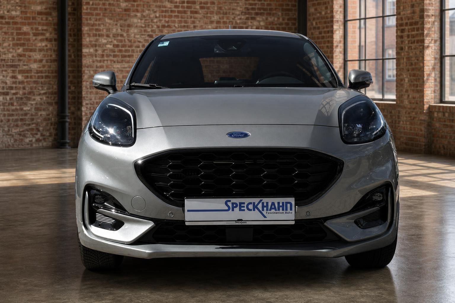 Ford Puma silber Frontansicht mit Kuehlergrill in Halle fotografiert