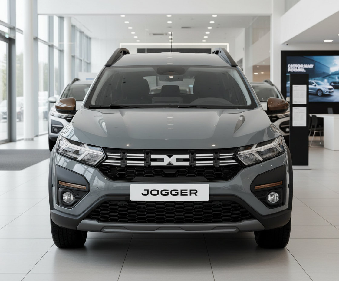 Grauer Dacia Jogger Frontansicht im Autohaus Showroom mit LED-Scheinwerfern