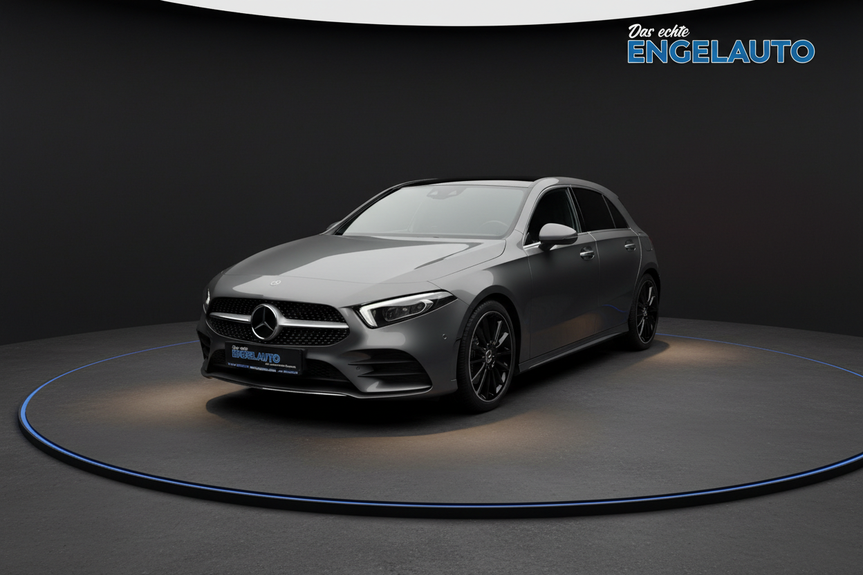 Mercedes-Benz A-Klasse grau metallic Seitenansicht mit AMG-Line Ausstattung und schwarzen Felgen im Showroom bei Engelauto Händler