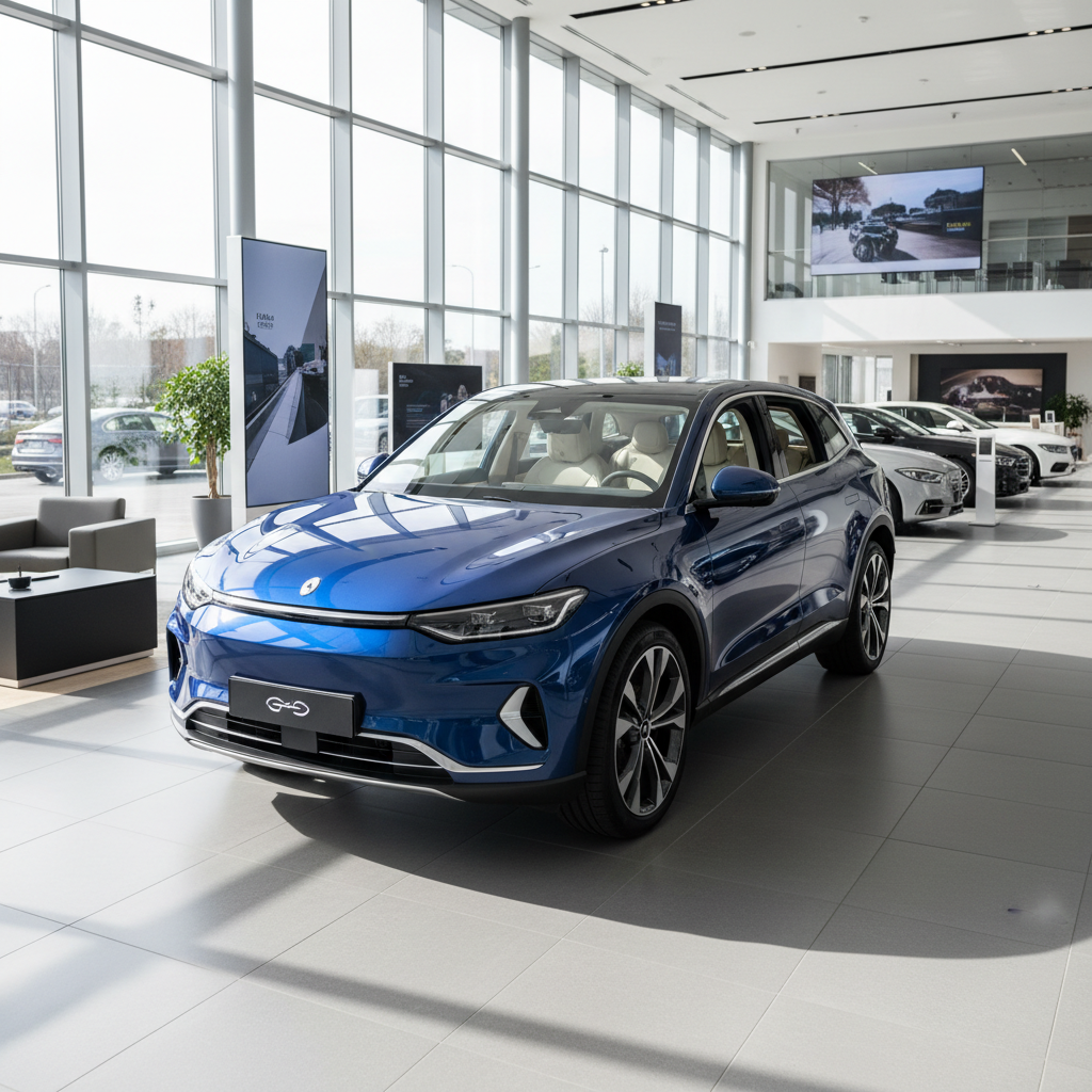 Blauer Elektro-SUV im modernen Autohaus-Showroom, Frontansicht schräg
