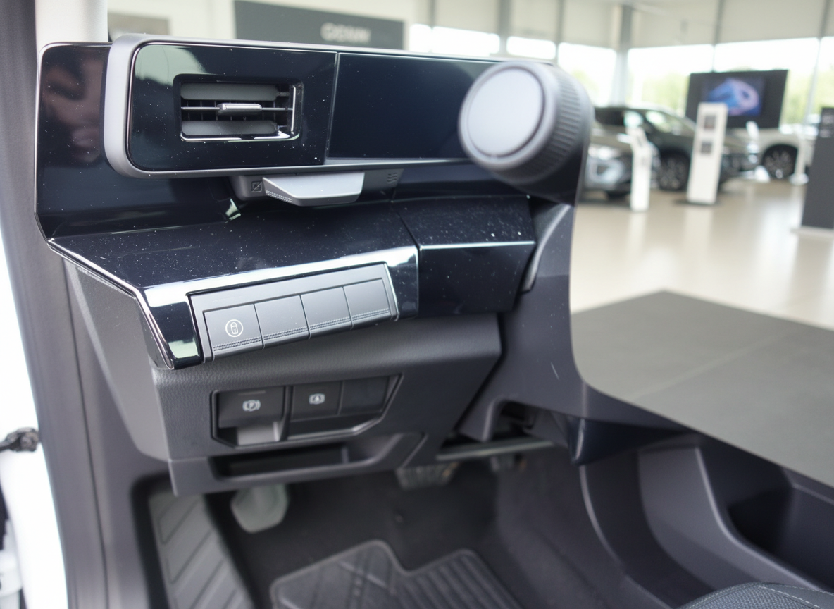 Fahrzeug Innenraum Detailansicht Mittelkonsole mit Bedienelementen und Lüftungsdüsen im Autohaus