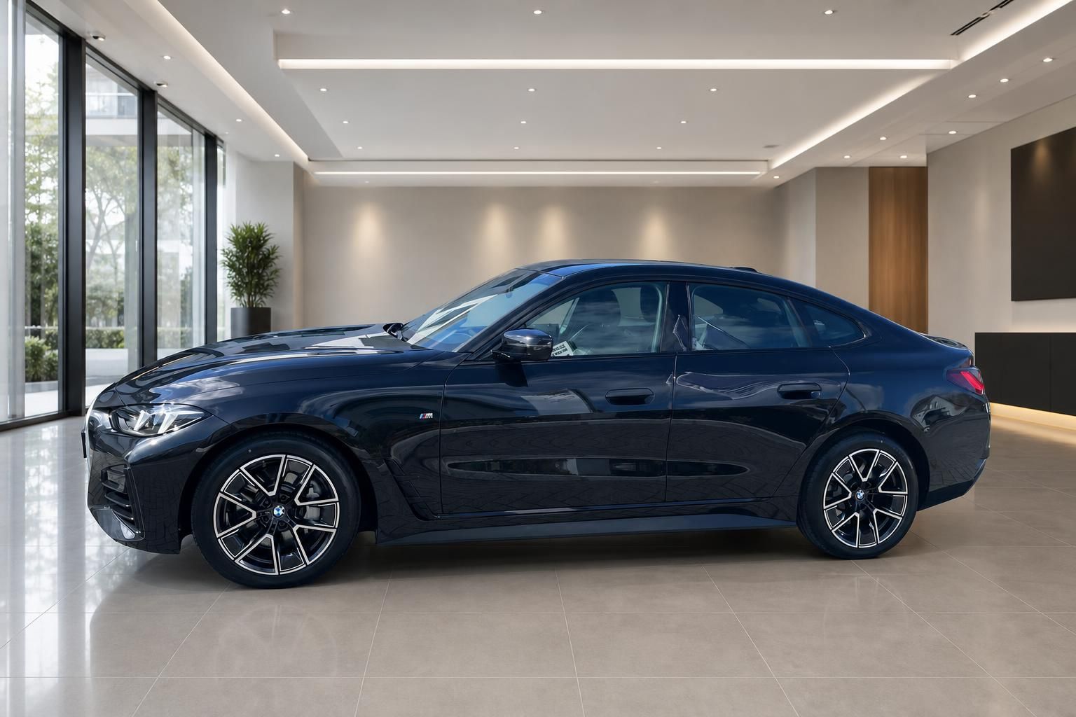 BMW 4er Gran Coupe schwarz Seitenansicht M Sportpaket Showroom