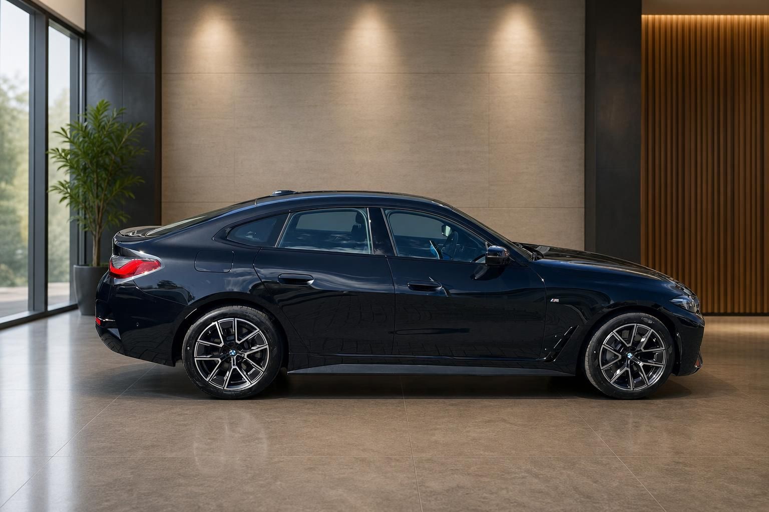 BMW 4er Gran Coupe schwarz Seitenansicht im Autohaus