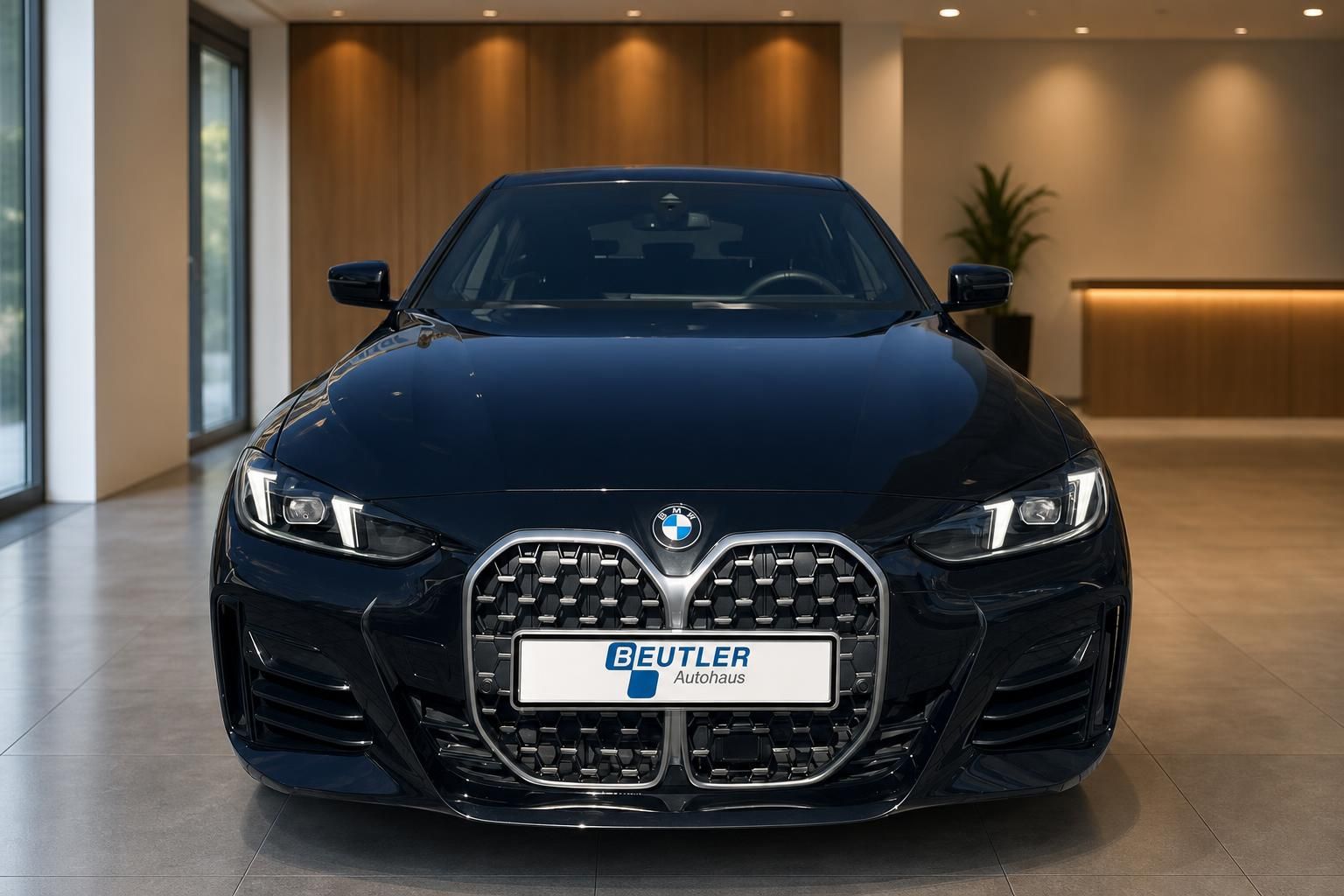 BMW 4er schwarz Frontansicht mit Kuehlergrill im Showroom