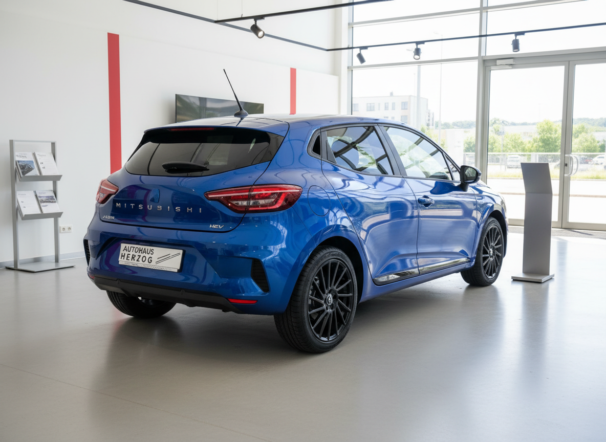 Mitsubishi Colt HEV in Blau Metallic Heckansicht im Autohaus Herzog Showroom