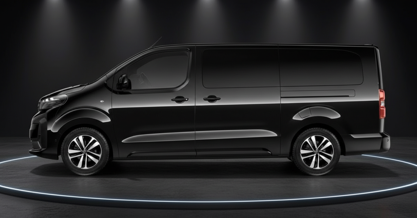 Schwarzer Peugeot/Opel Vivaro Kastenwagen in L3 Länge Seitenansicht Studioaufnahme