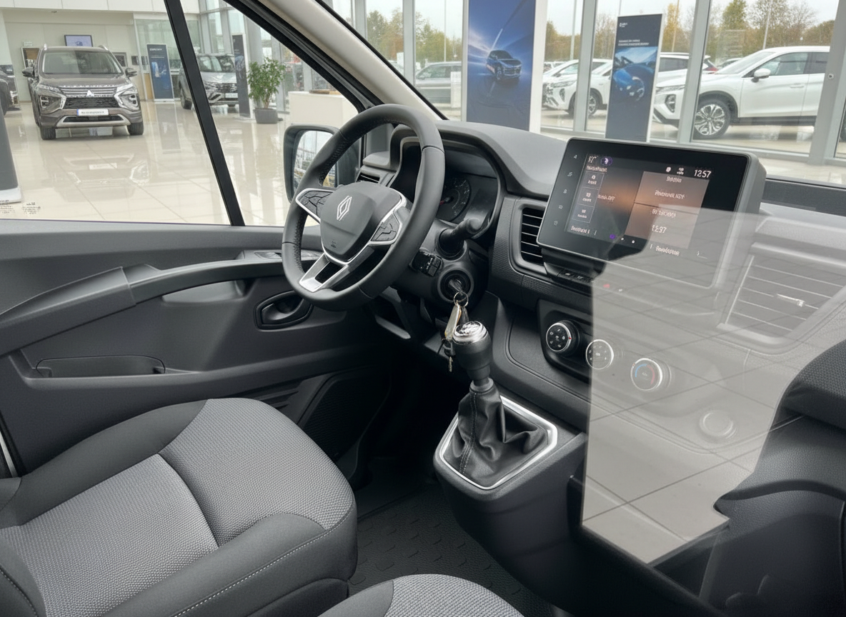 Renault Trafic Innenraum mit Lenkrad, Schaltgetriebe und Touchscreen-Infotainment im Autohaus
