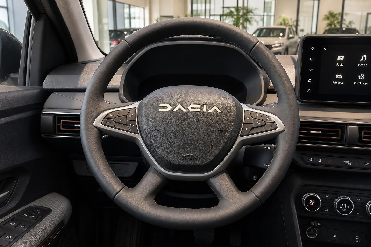 DACIA Lenkrad mit Airbag, Multifunktionstasten und Infotainment-Display im Fahrzeugcockpit