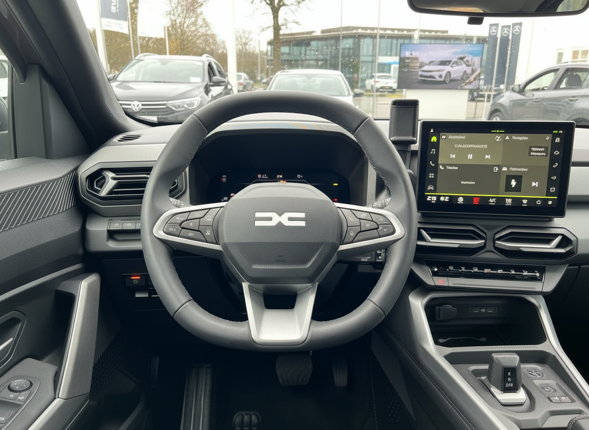 Dacia Innenraum mit Lenkrad, digitalem Cockpit und Infotainment-Bildschirm