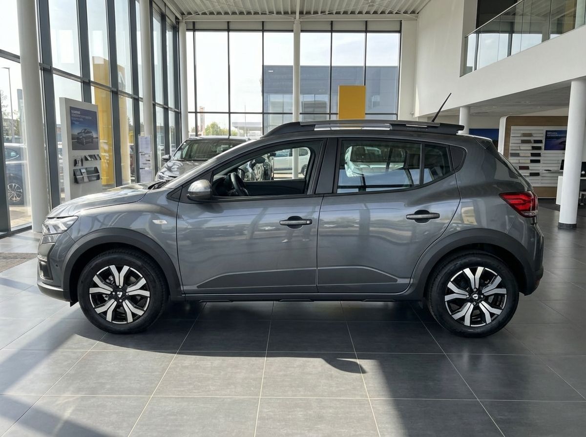 Dacia Sandero Stepway grau Seitenansicht im Autohaus Showroom