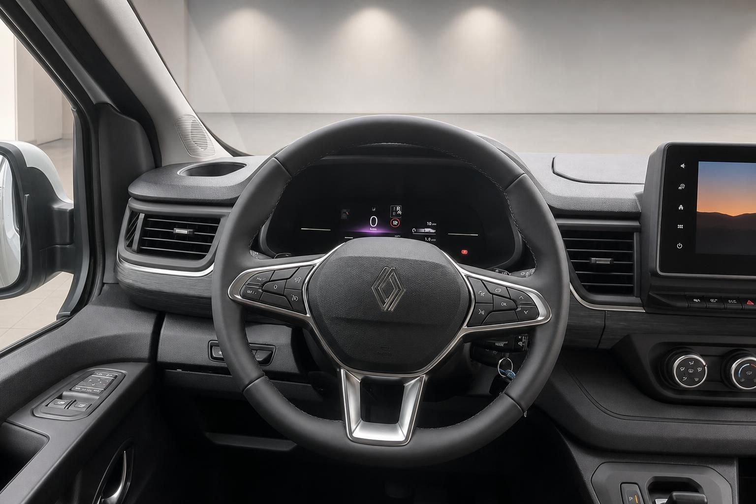 Lenkrad und Cockpit eines Renault Nutzfahrzeugs mit Digitaldisplay
