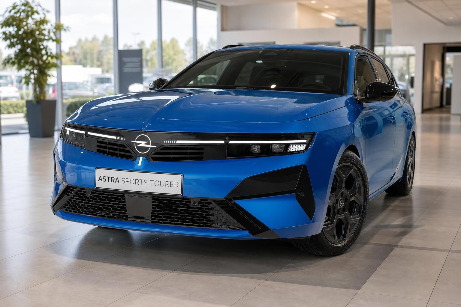 Opel Astra Sports Tourer blau, Frontansicht schraeg im Autohaus
