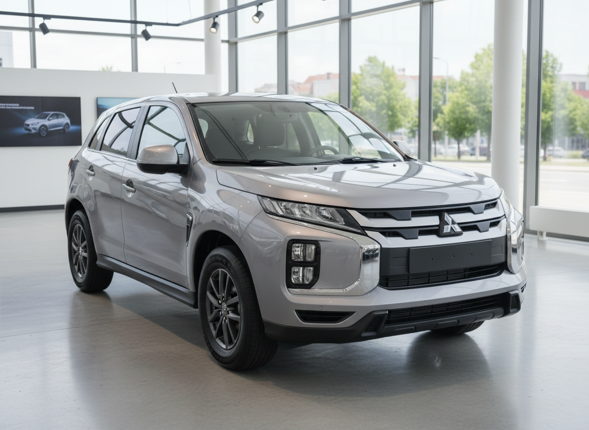 Mitsubishi ASX Kompakt-SUV in Silber im Autohaus Showroom – Frontansicht